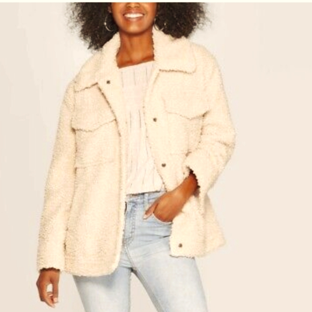 Knox Rose Teddy Coat Oatmeal Jacket Collared Snap Size W M/L pockets Oversized